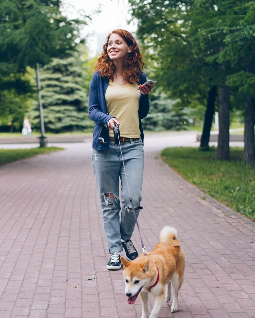 A helper walking a dog along a path in the park